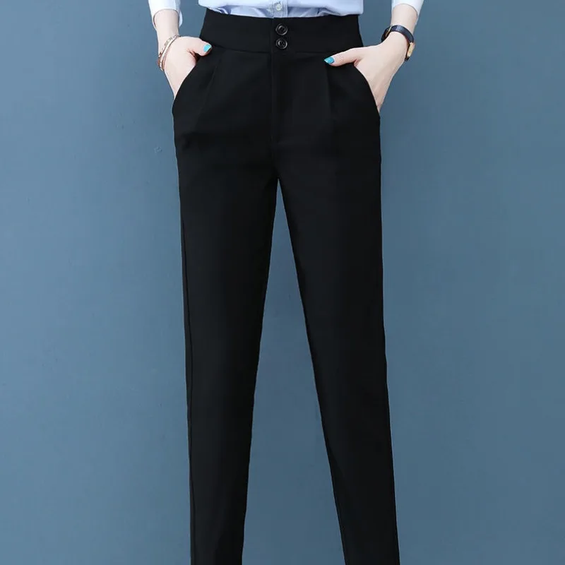 

Women's Spring and Autumn New Fashion Elegant Business Solid Pocket Zipper Leisure Commuter High Waist Elastic Haren Pants