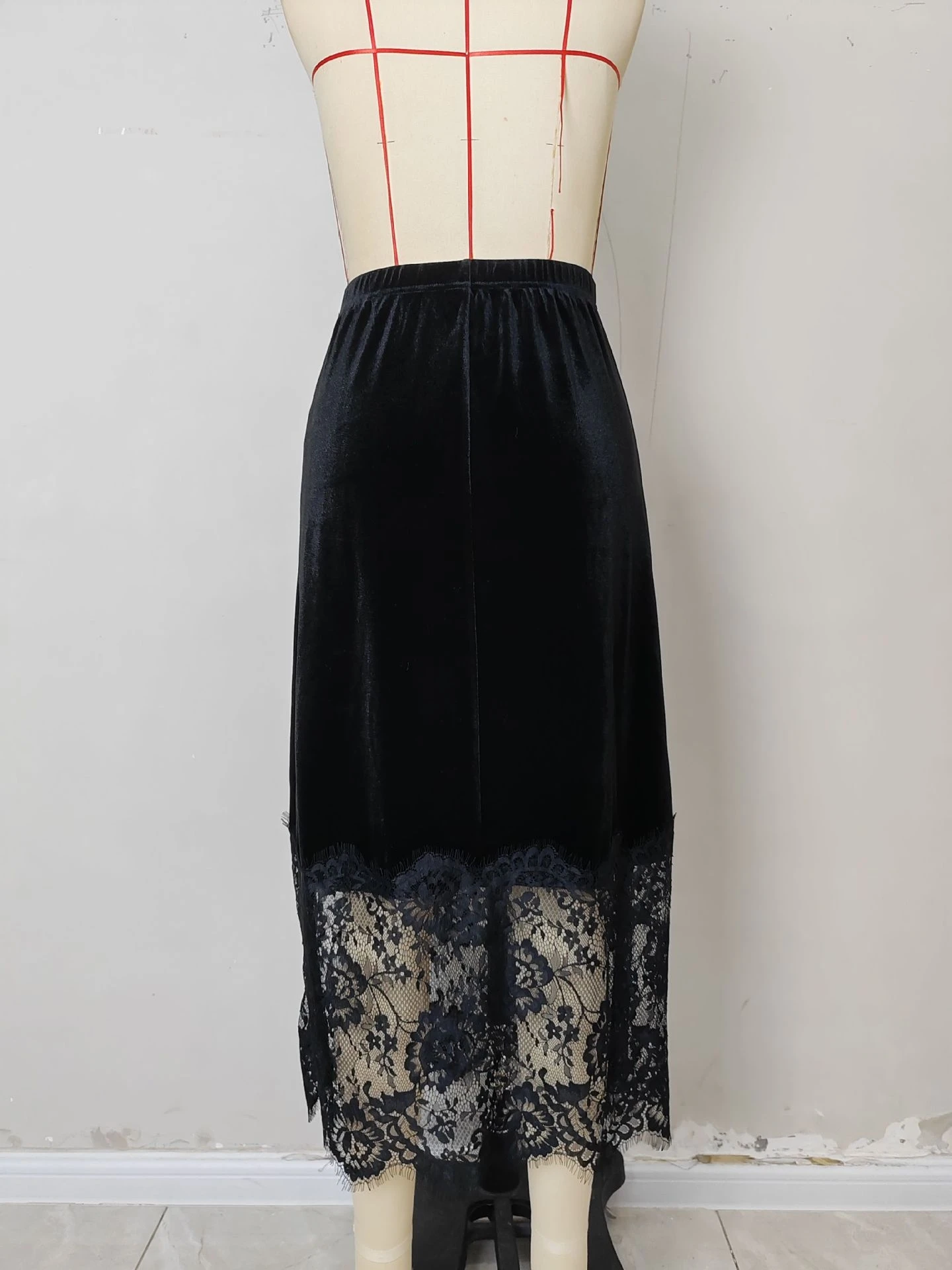 Faionable Casual Fluwelen Patchwork Kanten Rok Dames Pendelen Sle Hoge Taille A-lijn Rok Stand Fit Herfstseizoen