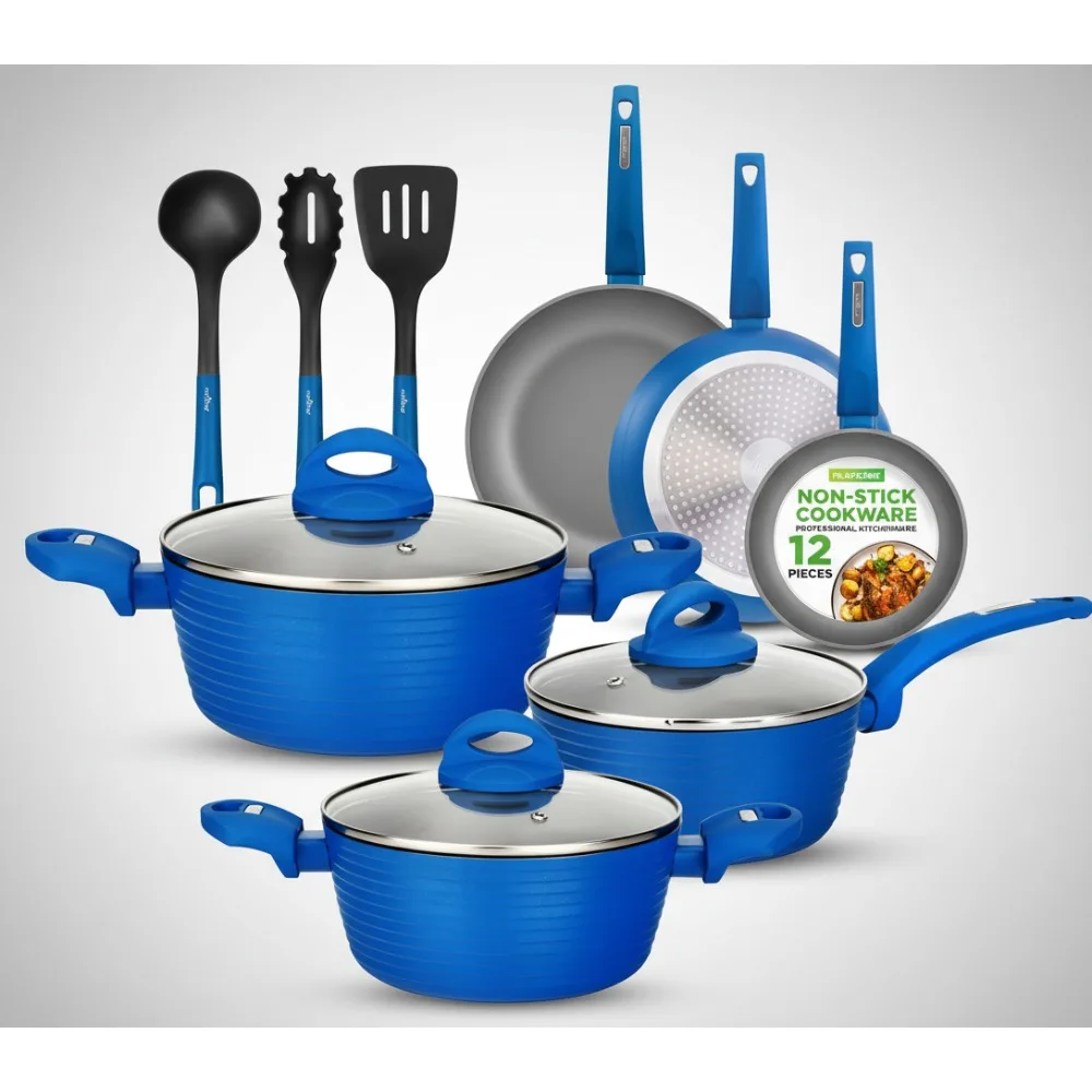 

Набор посуды с антипригарным покрытием из 12 предметов с индукционной совместимостью и прочным покрытием для здорового приготовления пищи — идеально подходит для домашних повара