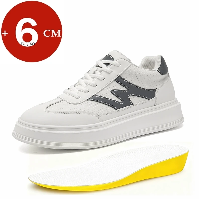 Men 6CM Invisible Height Increasing Sneakers Lace Up Breathable Perforated Leather Casual Elevator Shoes Anti Slip Board Shoes