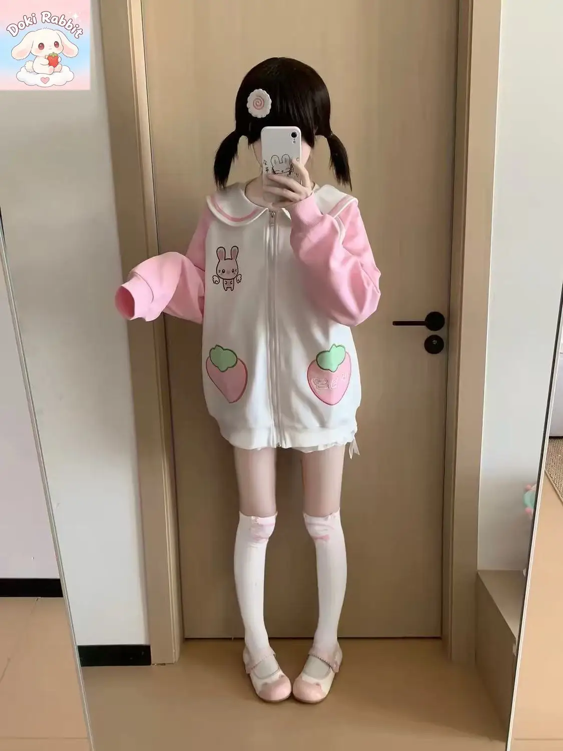 Sweet Lolita Kawaii Women Jacket Coat Rabbit Ear Strawberry Embroidery Sailor Collar Zip Up Y2k Korean Fashion Cute Sweatershirt