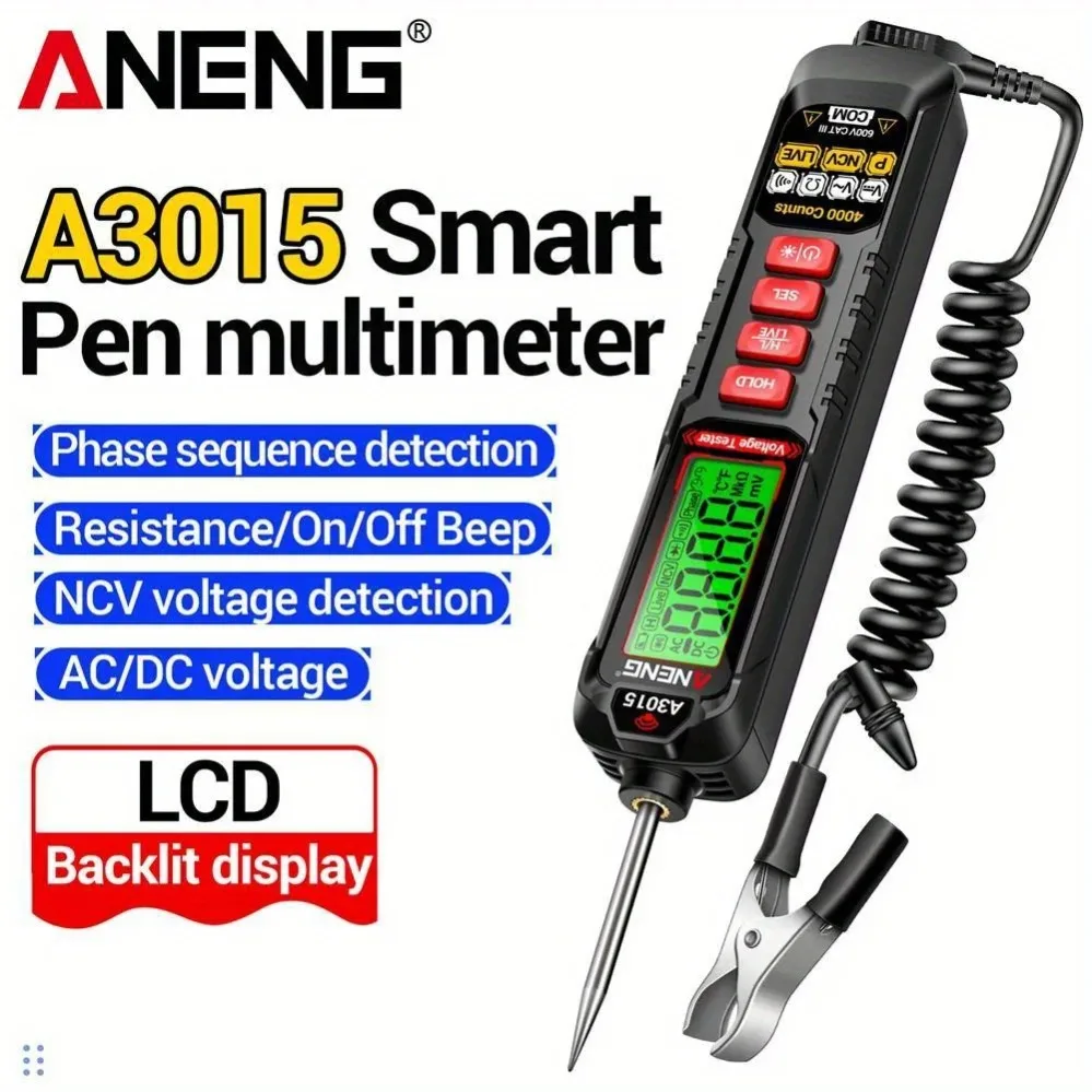 

Детектор напряжения для автомобиля ANENG A3015, бесконтактный тестер напряжения, измеритель сопротивления и целостности цепи, для диагностики неисправностей и обслуживания автомобильных систем.
