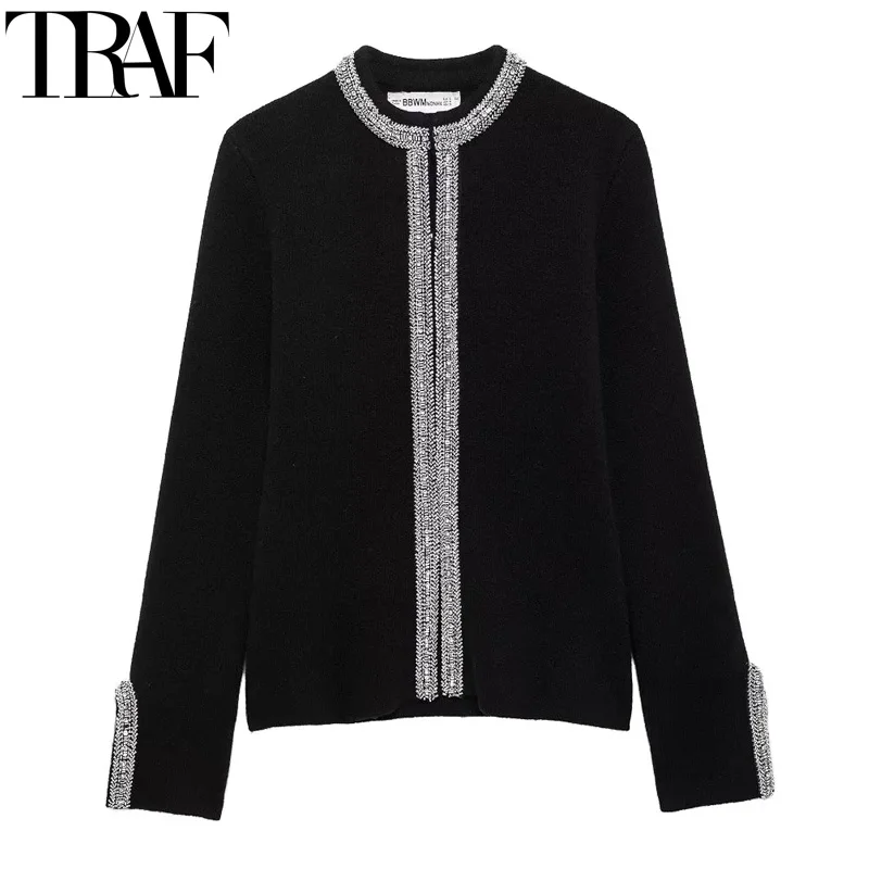 TRAF Cardigan Outerwears Rhinestone Black Cardigan Autumn Long Sleeve Knitted Cardigan Faux Cashmere Elegant Women's Jackets