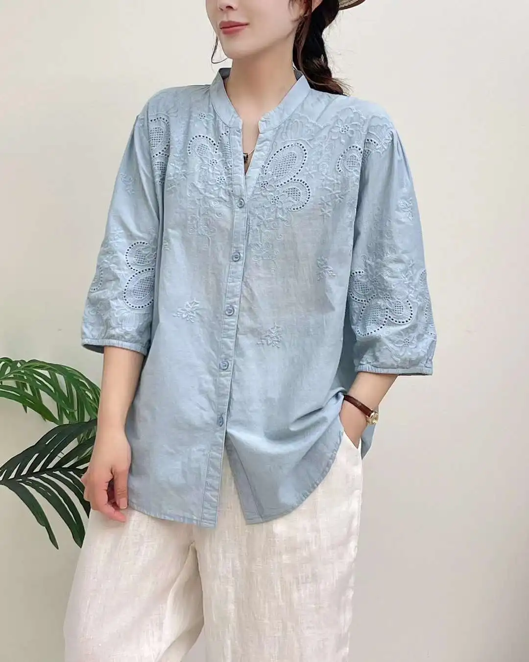 New Spring Cotton Loose Fashion Shirt Women Embroidery 3/4 Sleeve V Neck Tops Girl Sweet Casual Blouses 2024 Summer T44618QM