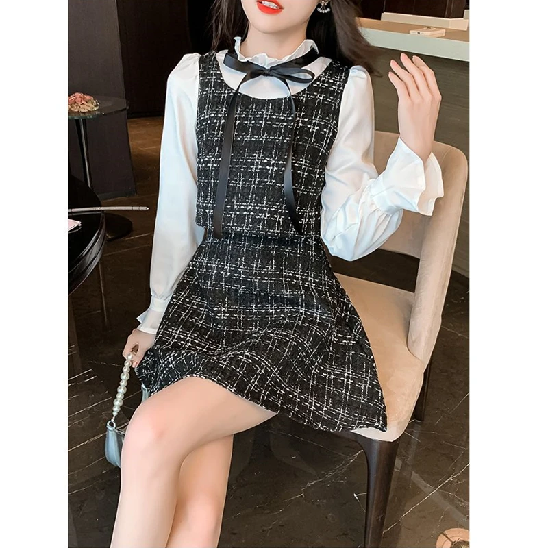 Women Spring Autumn Tweed Fake 2 Piece Mini Dress Korean Preppy Style Lady Graceful Bowknot Patchwork Dresses New Clothes Female