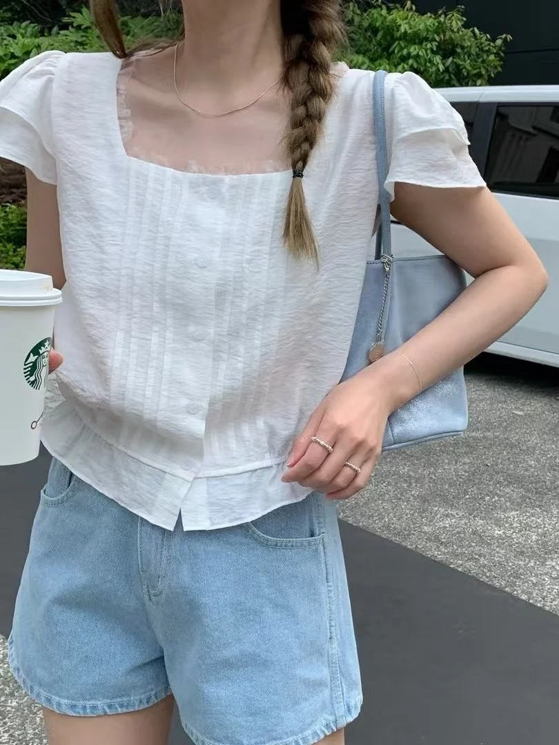 

Faionable Square Collar ort Sve irt Women's Chic Versatile Small Size Summer Single Button Ele Personali ort...