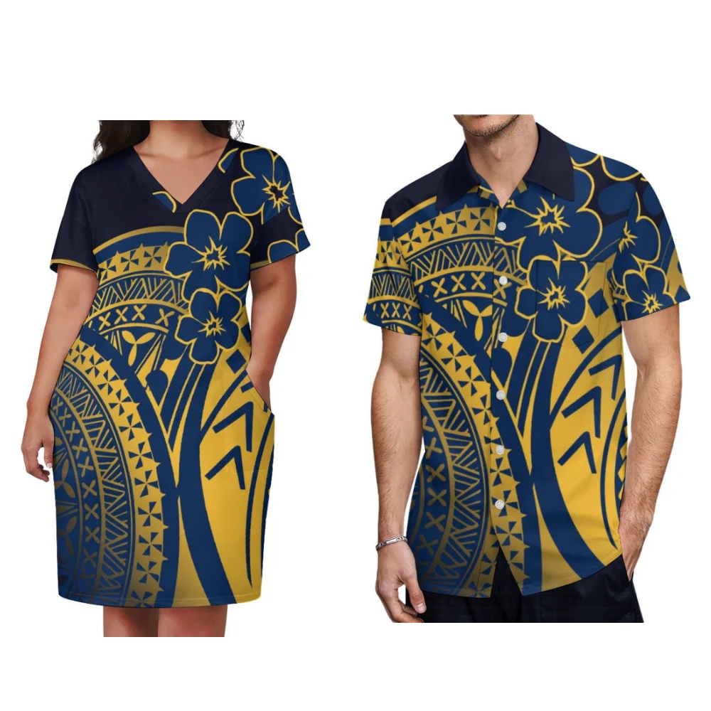 Pacific Island Art Couple Set Summer Polynesian Women\'s Dress V-Neck Style Midi Skirt Men\'s Fashion Shirt