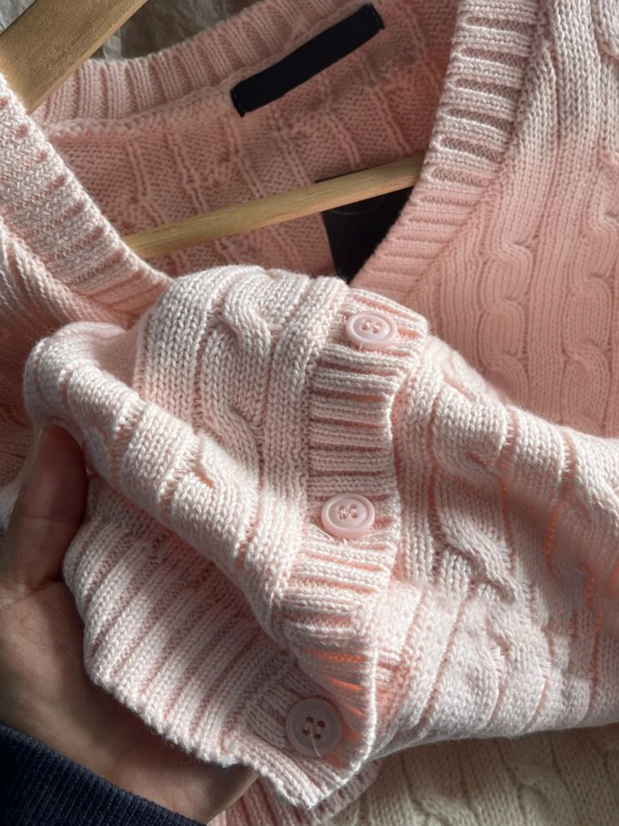 New Pink Twisted Flower Sweater Cardigan Autumn Long Sleeve V-neck Single Breasted Knitcoat Solid Simple Cotton Sweet Sweaters