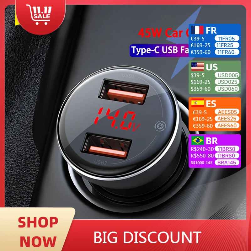 Baseus 45W Car Charger Dual USB Quick Charging SCP 4.0 3.0 Fast PD USB C Car Phone Charger With Cable For iPhone HUAWEI Xiaomi