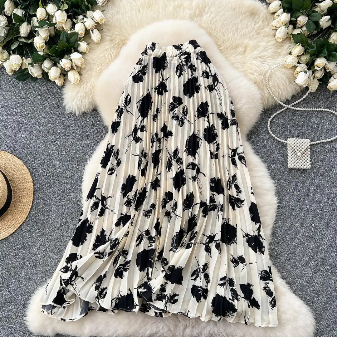 

Chiffon Skirts Autumn New Fashion 2025 Women's Ankle Length Casual Trendy Pleated Floral Printed A-line Skirts Female Clothes
