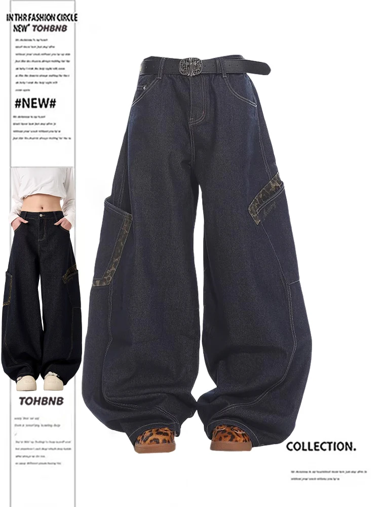 

Женские темно-синие широкие джинсы с леопардовым принтом больших размеров, весна-лето, рабочая одежда с кондиционером, джинсовые брюки с косой