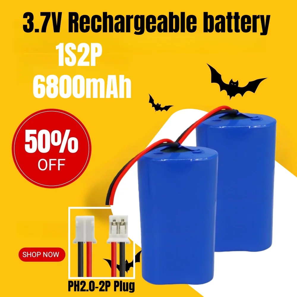 18650 lithium battery 3.7V 1S2P 6800mAh, built-in BMS, for 3.7V low-power fan/speaker/fishing LED light (PH2.0/XH2.54-2P) plug