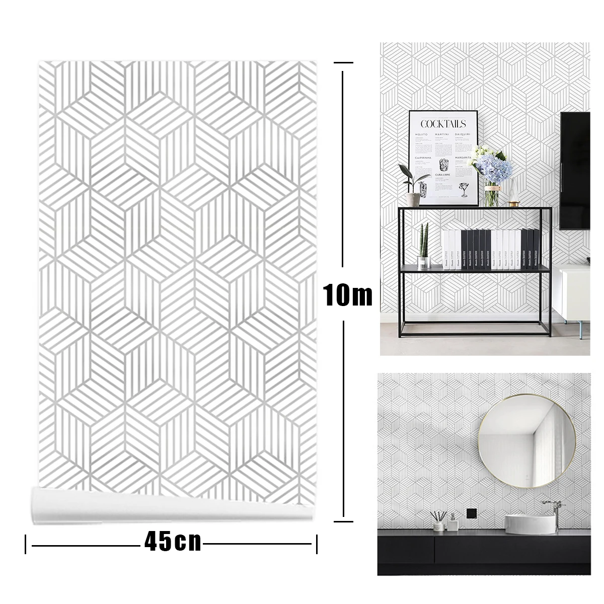 Geometric Peel and Stick Wallpaper White Silver Hexagon Self Adhesive Wall Paper Removable Contact Paper for Bedroom Living Room
