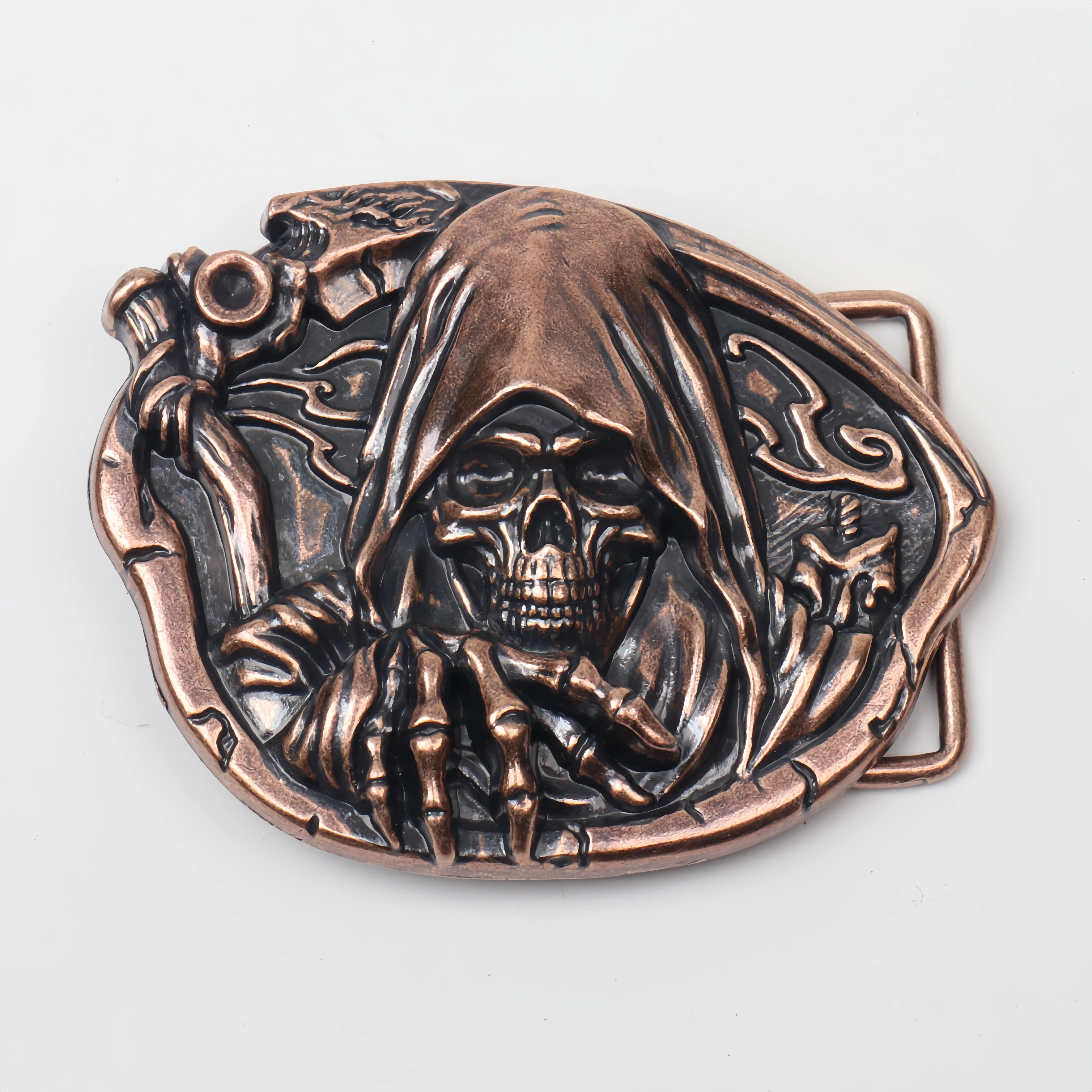 

A western cowboy-style belt buckle with a large metal relief plate and a vintage belt buckle design.