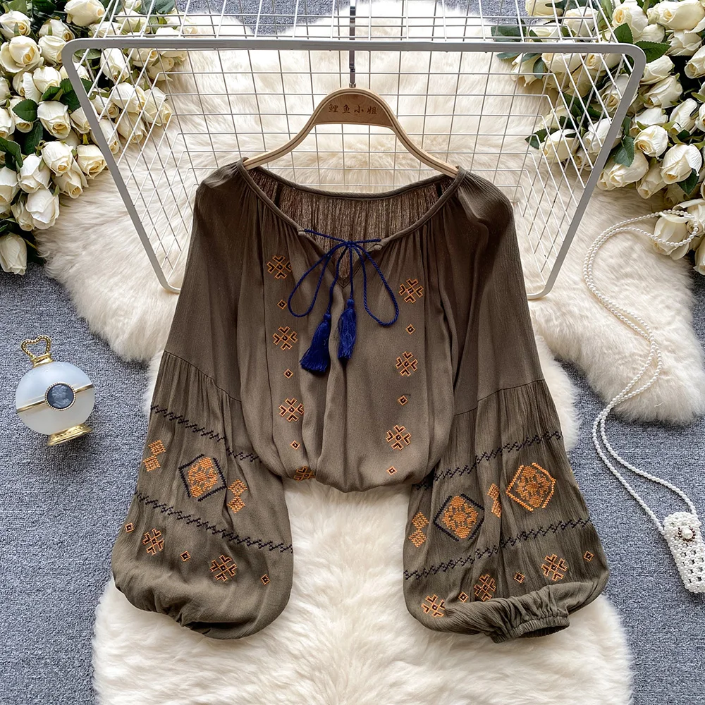 Croysier Boho Clothing Women Tops And Blouses Ethnic Bohemian Vintage Embroidery Blouse Long Sleeve Tassel Tie V Neck Loose Top