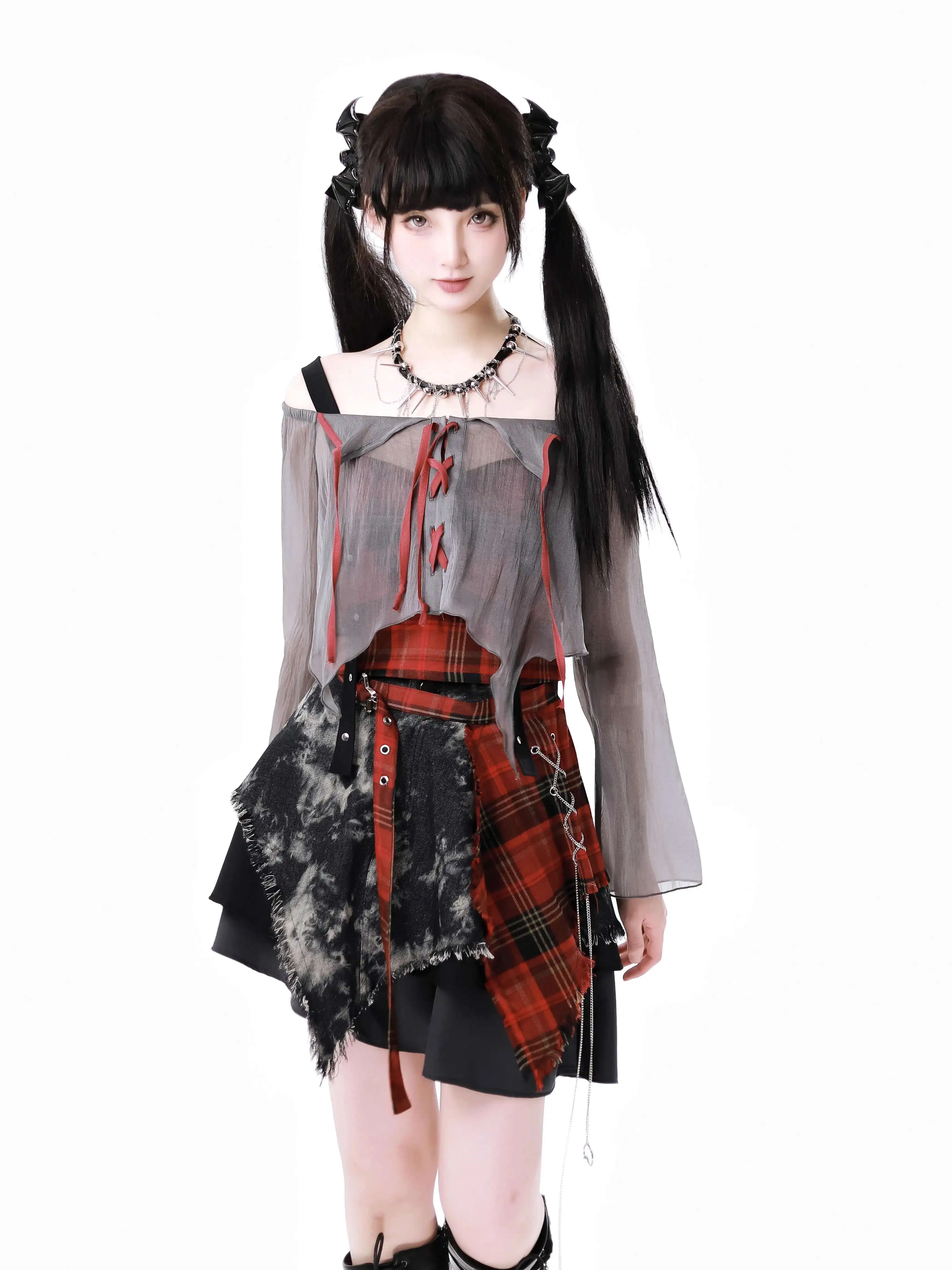 Rot kariert grau schwarz Sinn für Design Krawatte Kittel Rock Sinn für Design Anzug Hosenträger Gitter Tüll unregelmäßige kurze Damenröcke