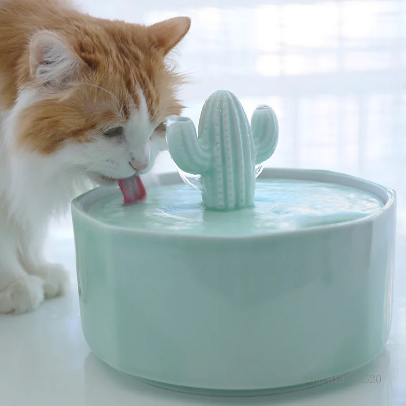 Creative Ceramic Cactus Shape Cat Bowl, Water Dispenser, Automatic Circulating Water Feeder, Pet Bowls Supplies, 1Pc