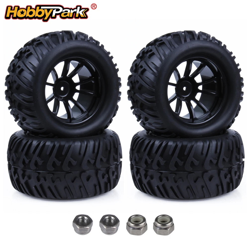 HobbyPark RC Monster Truck Tires & Wheel Rims 125mm 12mm Hex w/ Nylon 4mm Lock Nuts for Traxxas Himoto HSP HPI Redcat 4pcs