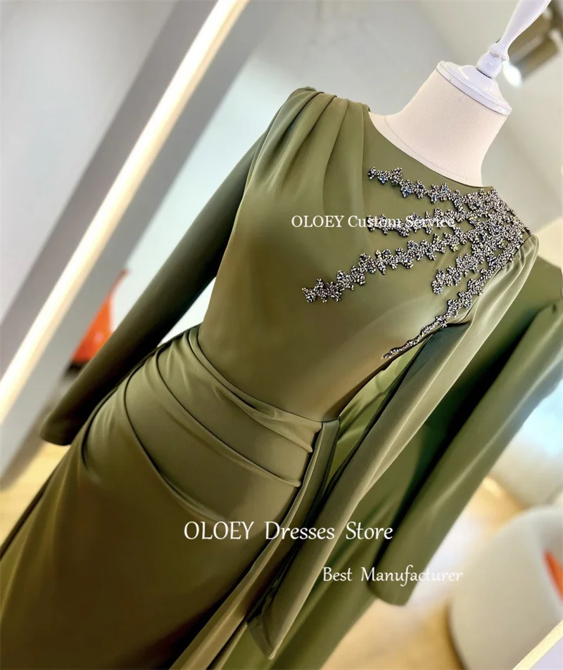 OLOEY Modest Dubai Arabic Women Evening Dresses Attachable Train Long Sleeeves O-Neck Beads Prom Gowns Customised Formal Dress