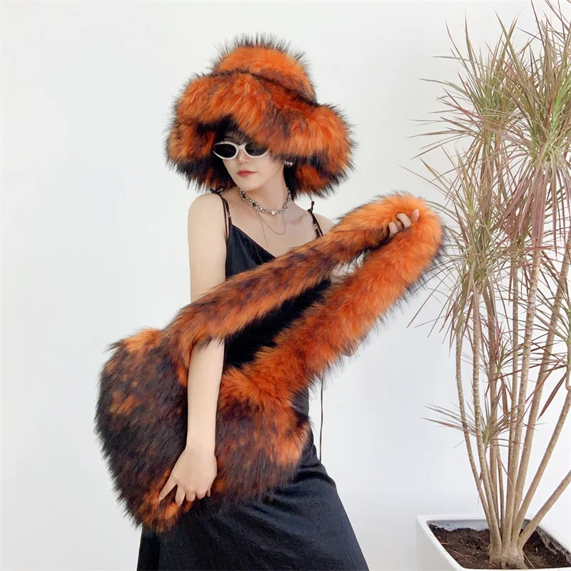 Bucket Orange Hat Love Bag Winter Warmth Thickened Imitation Raccoon Fur Fisherman Hat Women's Bucket Hat Fur Hat sets