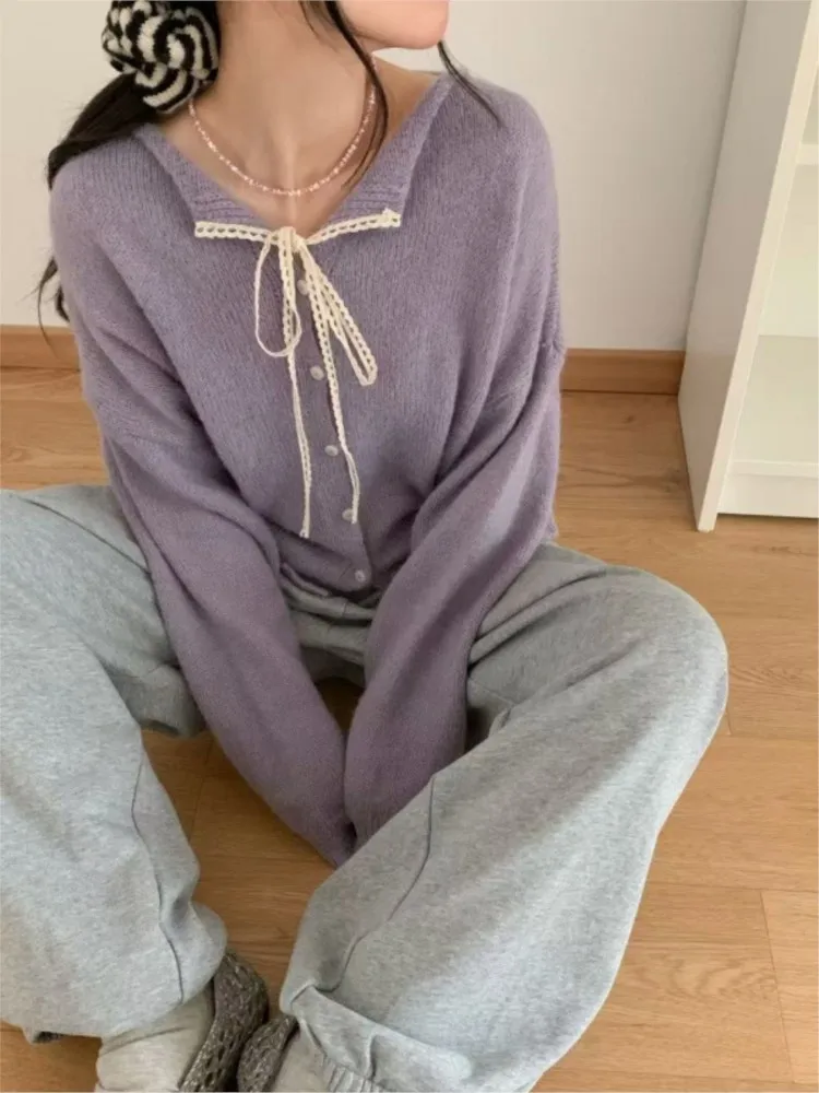 Koreanische Spitze-up Spitze Revers Pullover Kleinen Mantel frauen Einfarbig Vielseitig Strickjacke Komfortable Zieht Femmes Alle-spiel