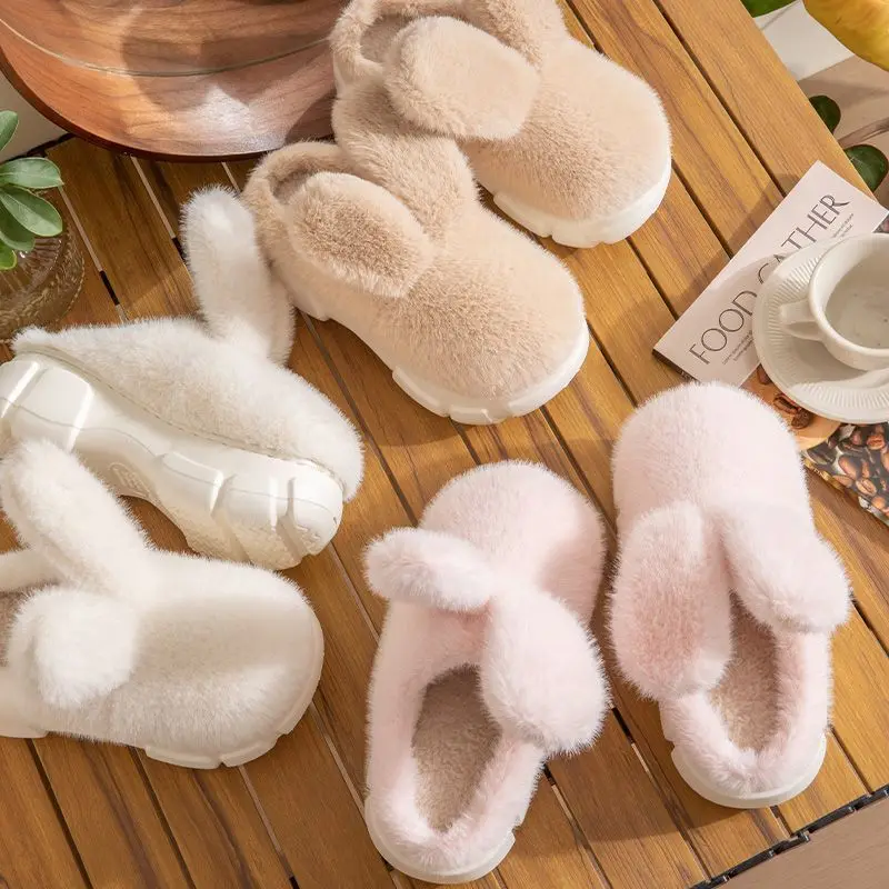 8 cm High platform fur slippers women\'s winter fluffy ear home shoes woman white bunny rabbit slippers woman house clog shoes