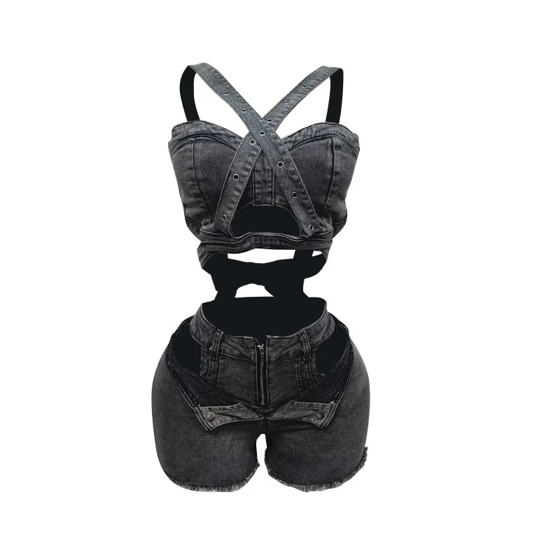 

Denim 2 Piece Sets Women Short Pants Outfits Casual 2025 Sleeveless Tank Top Sexy Party Night High Waist Shorts Suits Ensemble