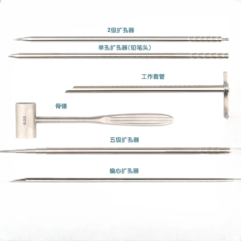 Intervertebral foraminoscopy instrument, bone hammer work cannula, double cannula, pencil tip