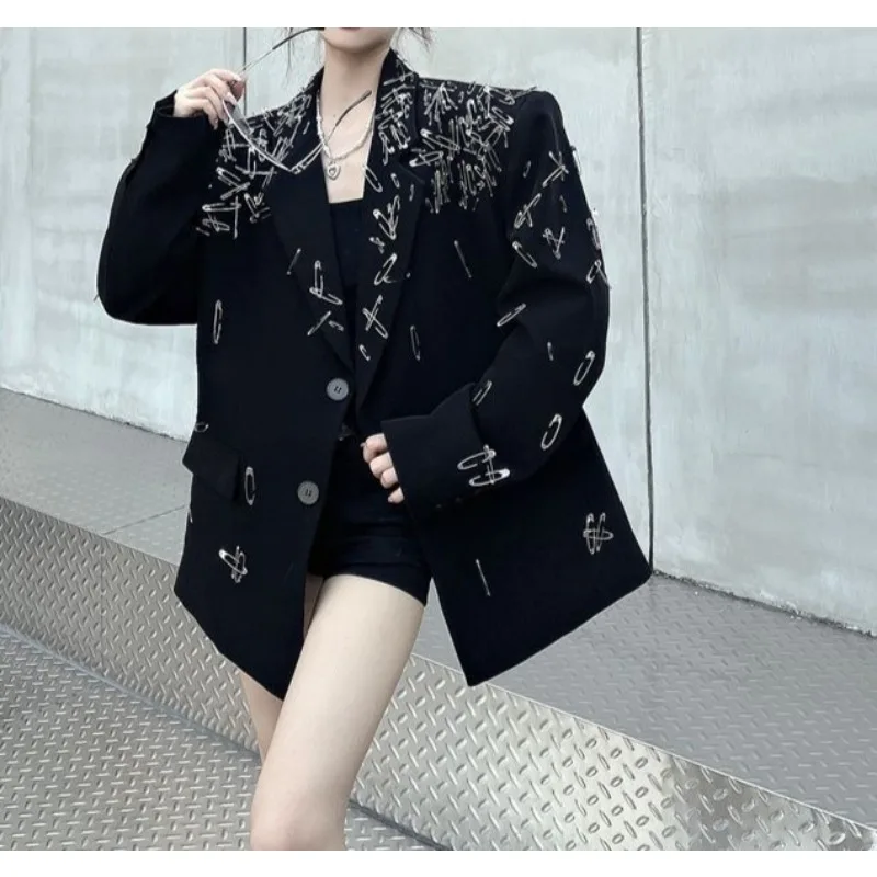 Veste de costume noire ample décorée à la main avec épingle de sûreté, Style unisexe pour le printemps et l'automne, haut blazer décontracté au Design de Niche