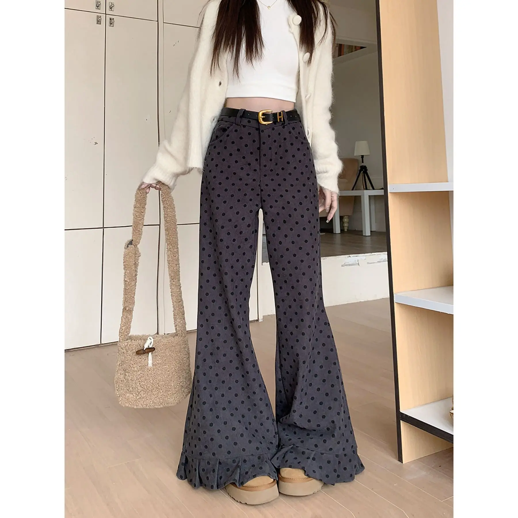 Spring Casual Micro-pull Women's Belt High-waisted Straight-leg Wide-leg Floor-mopping Pants
