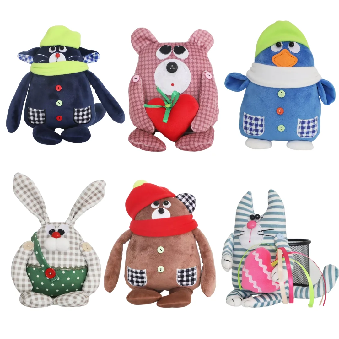 

30CM Cute Blue Cat Plush Toy with Green Hat and Scarf Red Buttons Plaid Ears Soft Stuffed Animal for Kids Room Decor Gift