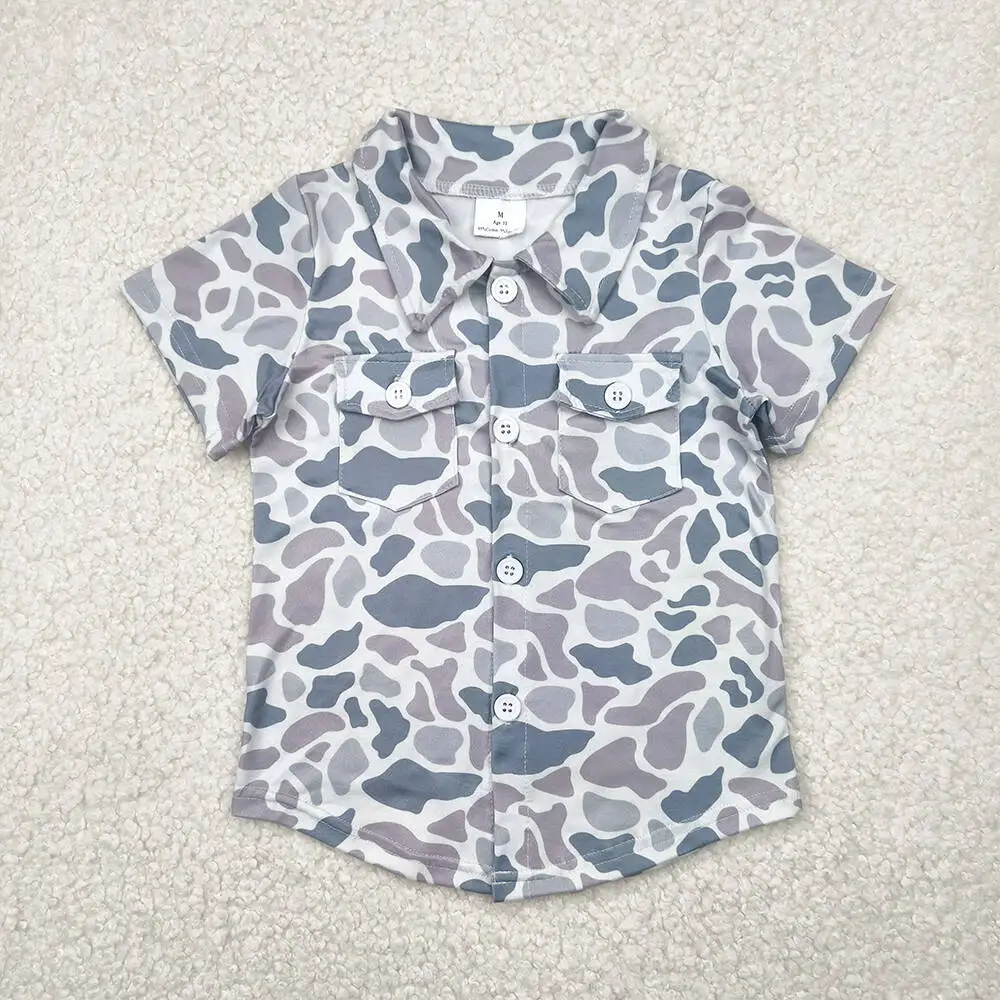 

Kids Boys Grey Camo Button down Shirt with Pockets Button down Long Sleeve Tactical Shirt for Children