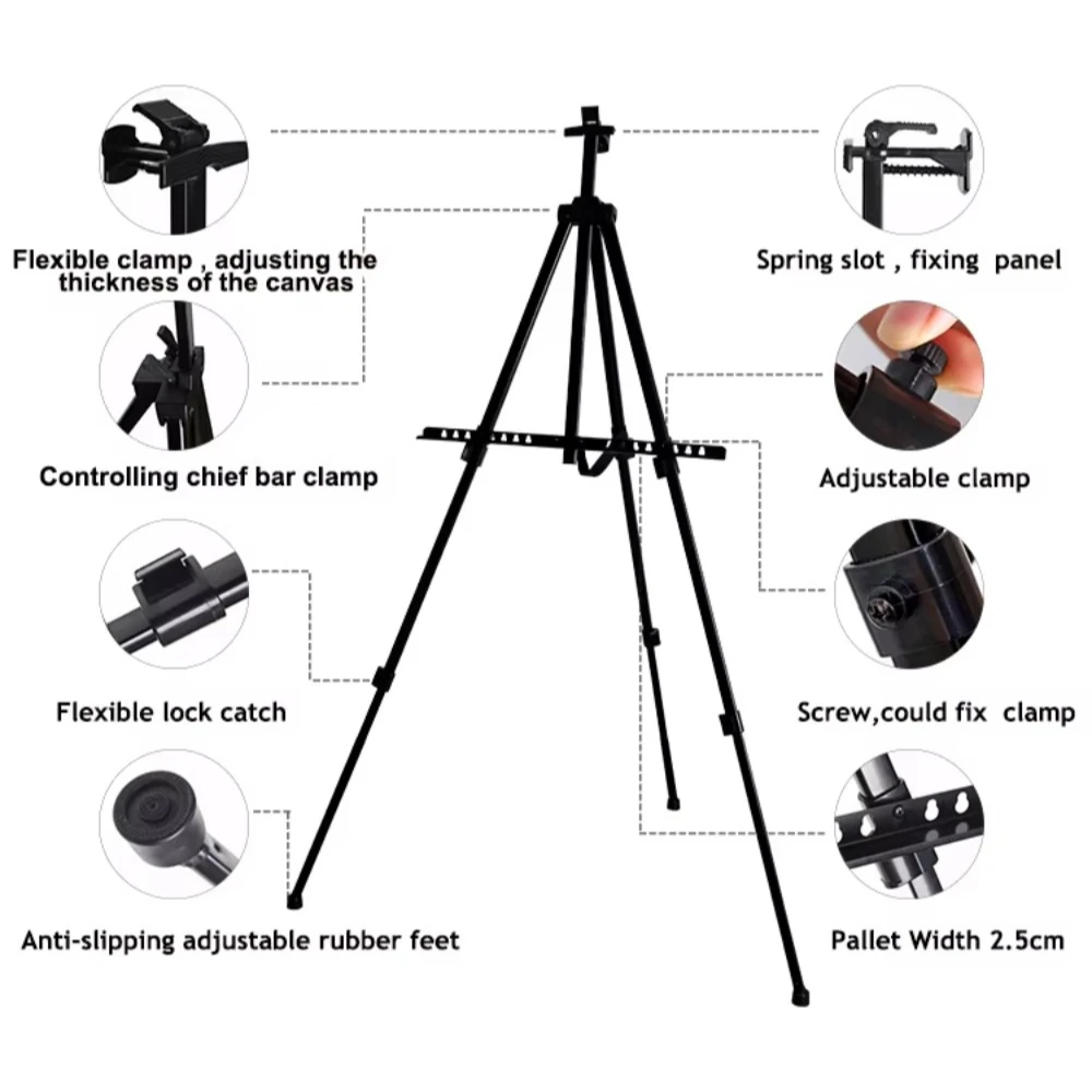Opvouwbare versterkte kunst-ezelstandaard Metalen statief-display-ezel met draagbare tas voor studenten Buiten schilderij Schetstekening