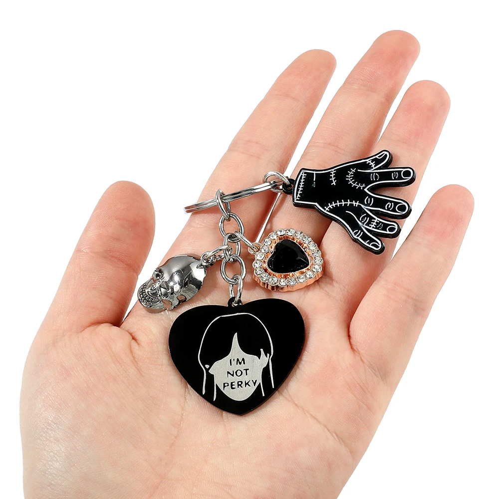 Wednesday Addams Family Keychain Black Heart Wednesday Things Hand Stainless Steel Pendant Key Holder Jewelry Accessories