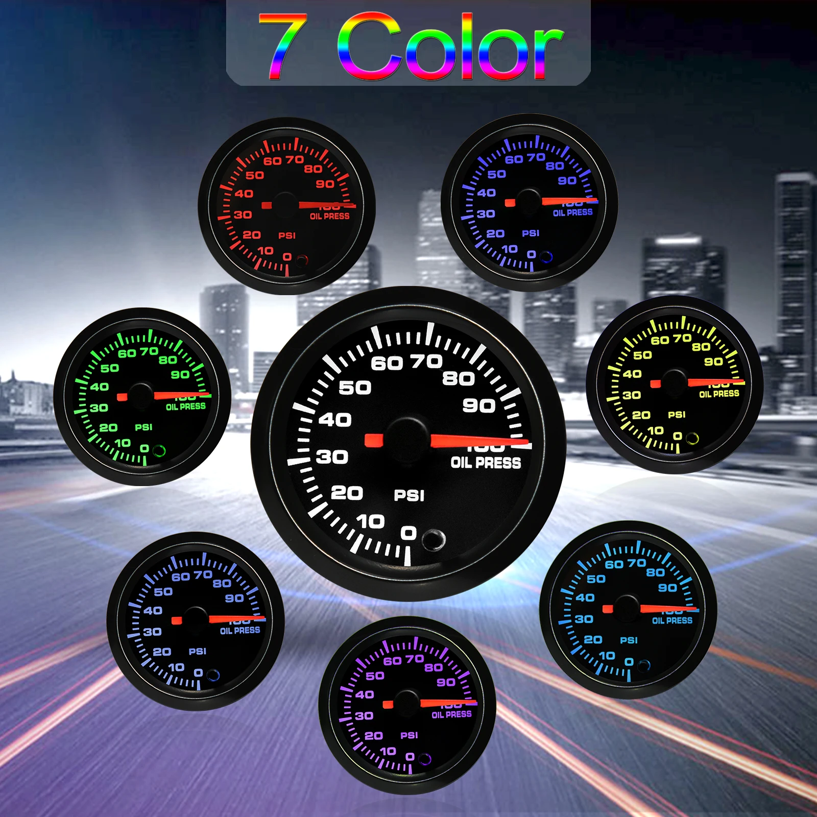 0-100PSI Automotive Pressure Gauge with 7 Colors LED Universal 1/8 NPT Oil Fuel Press Sensor Warning Devices Car Diagnostic Tool