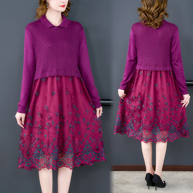 2023 New Fashion Knitted Embroidery Dress Women's Autumn and Winter Vintage Long Sleeve Loose Fit Casual Dress Vestidos