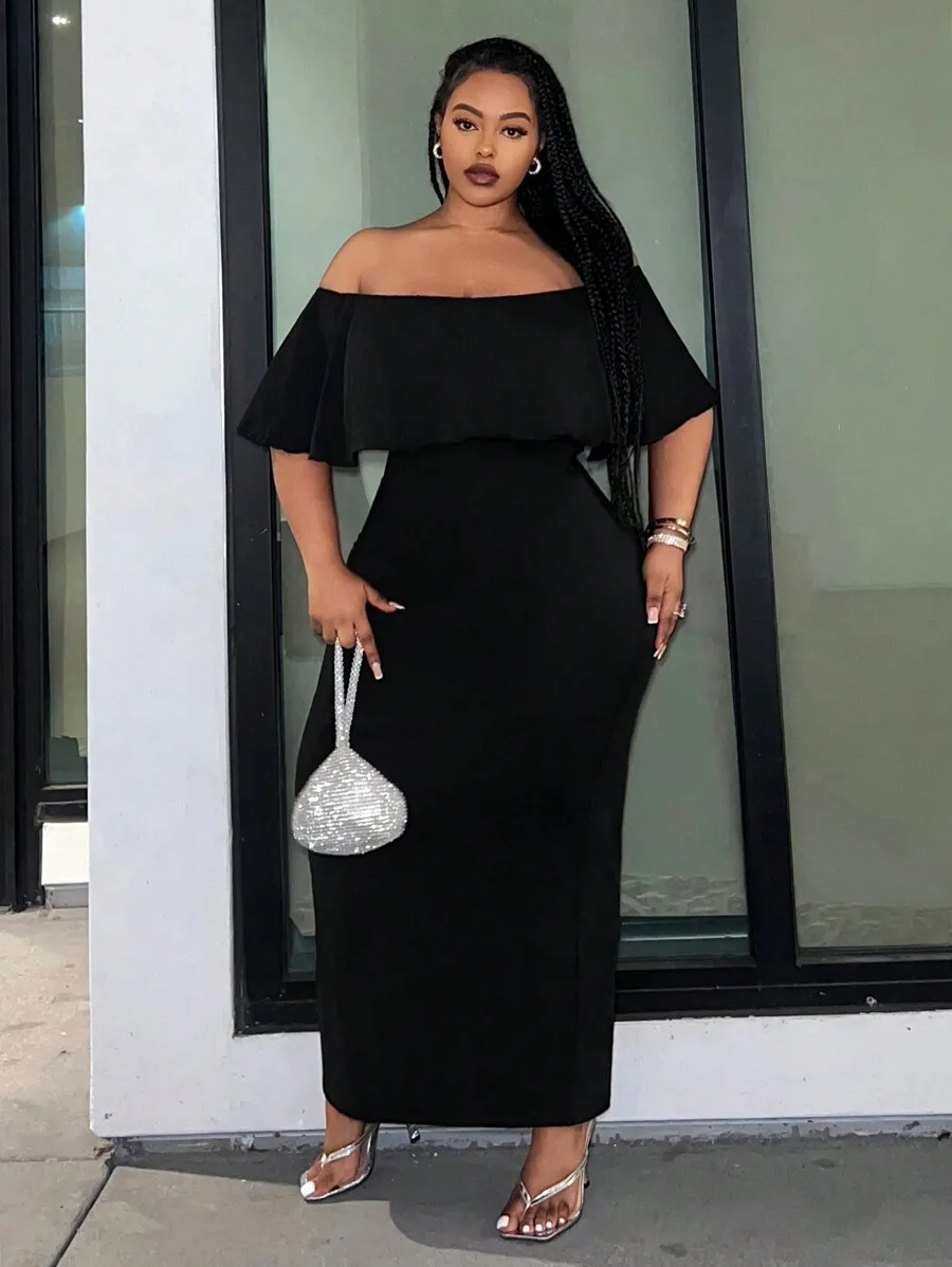 

Plus Size Elegant Solid Off Shoulder Bodycon Dress For Party Vacation Date