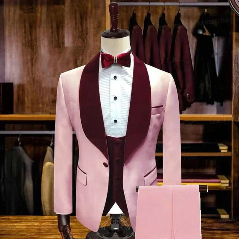 

Pink Men's Slim Fit Suits with Burgundy Velvet Lapel 3 Pieces Formal Wedding Groom Tuxedo for Dinner Prom Male Fashion Blazer