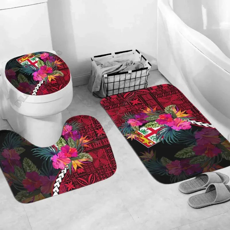 Fiji Bathroom Set Polynesian With Hibiscus Three-piece set 3D printed Bathroom Pedestal Rug Lid Toilet Cover Bath Mat Set