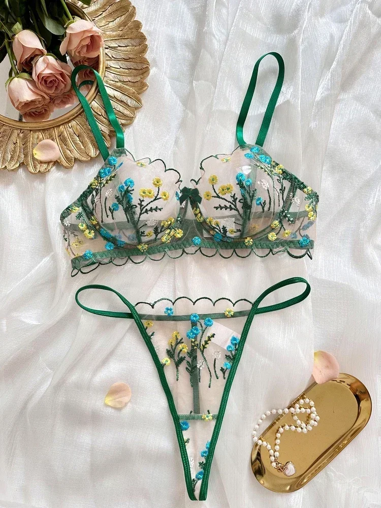 

2-Piece Floral Lingerie Set Women Embroidery Boho Bra Thong Underwear Set Intimates Sexy Lingerie Transparent Bra See Through