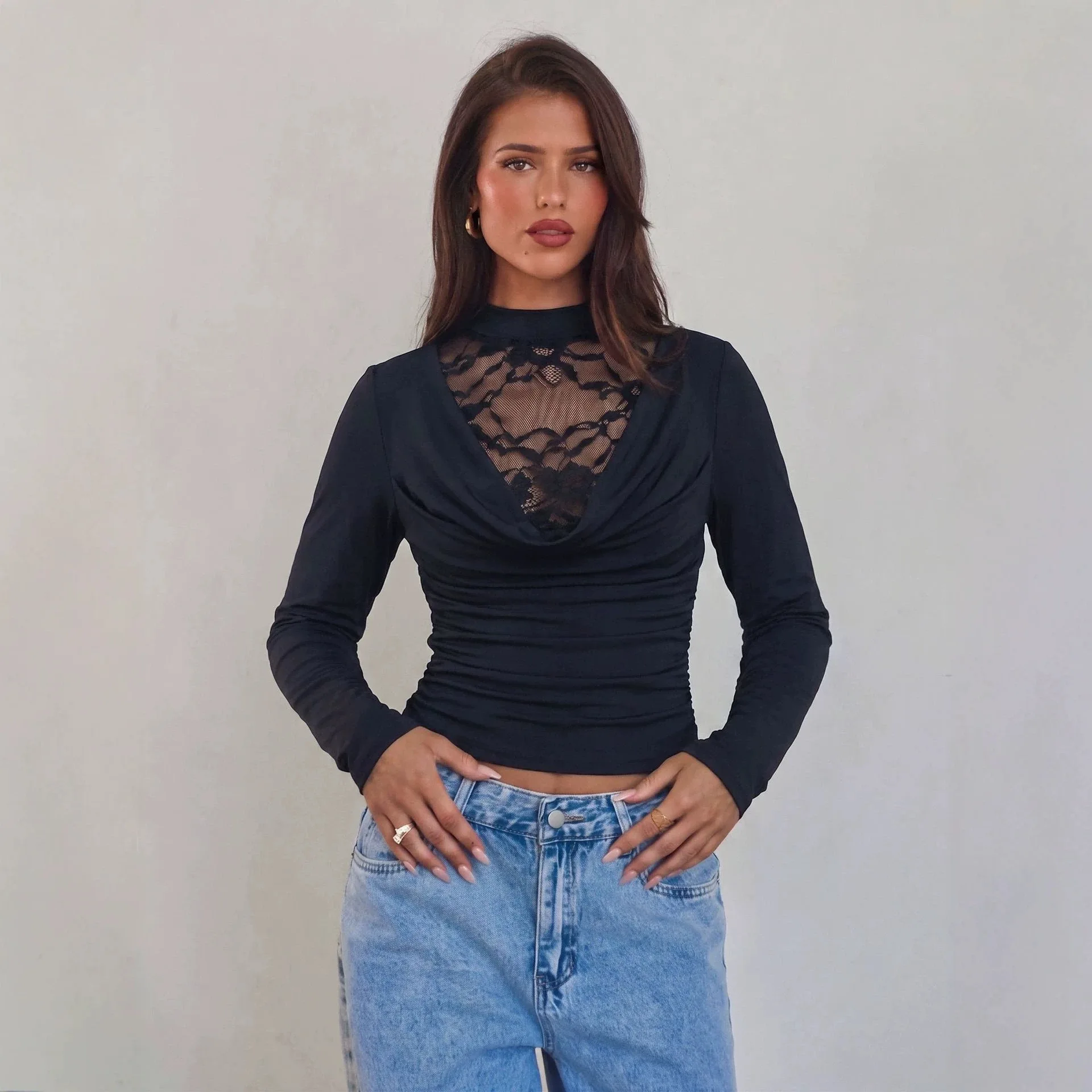 New Fashion Women's Lace Decor Draped Collar Long Sleeve T‑shirt Slim Fit Elegant Versatile Trendy Casual Commute Daily Wear Top