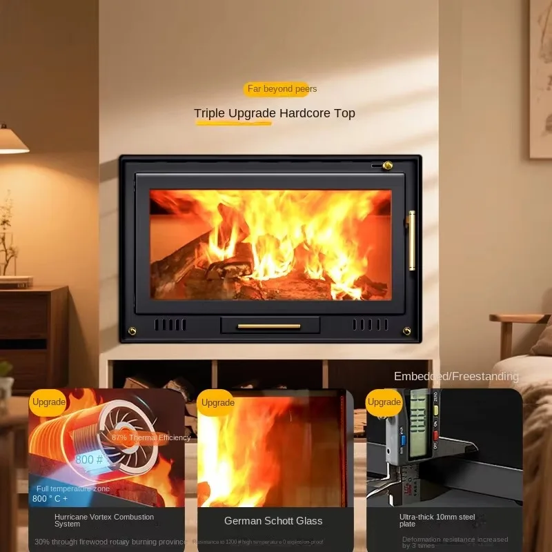 Innovative Real Fire Wood Burning Heater in a Cast Iron Fireplace Efficient Modern Firewood Stove for Household Warming
