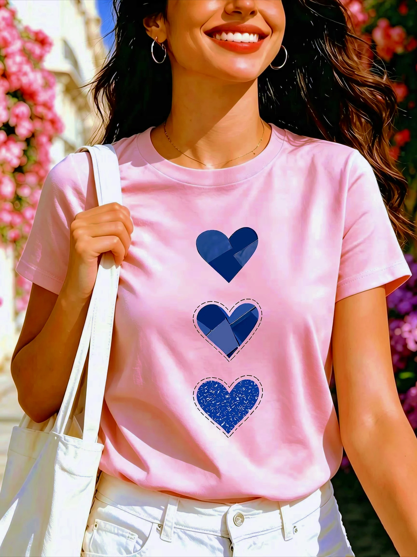 Three Blue Heart Shaped Vertical Pattern Print Wome Tee Summer Comfortable Soft Simple and Refresh Stylish Casual Women Clothing