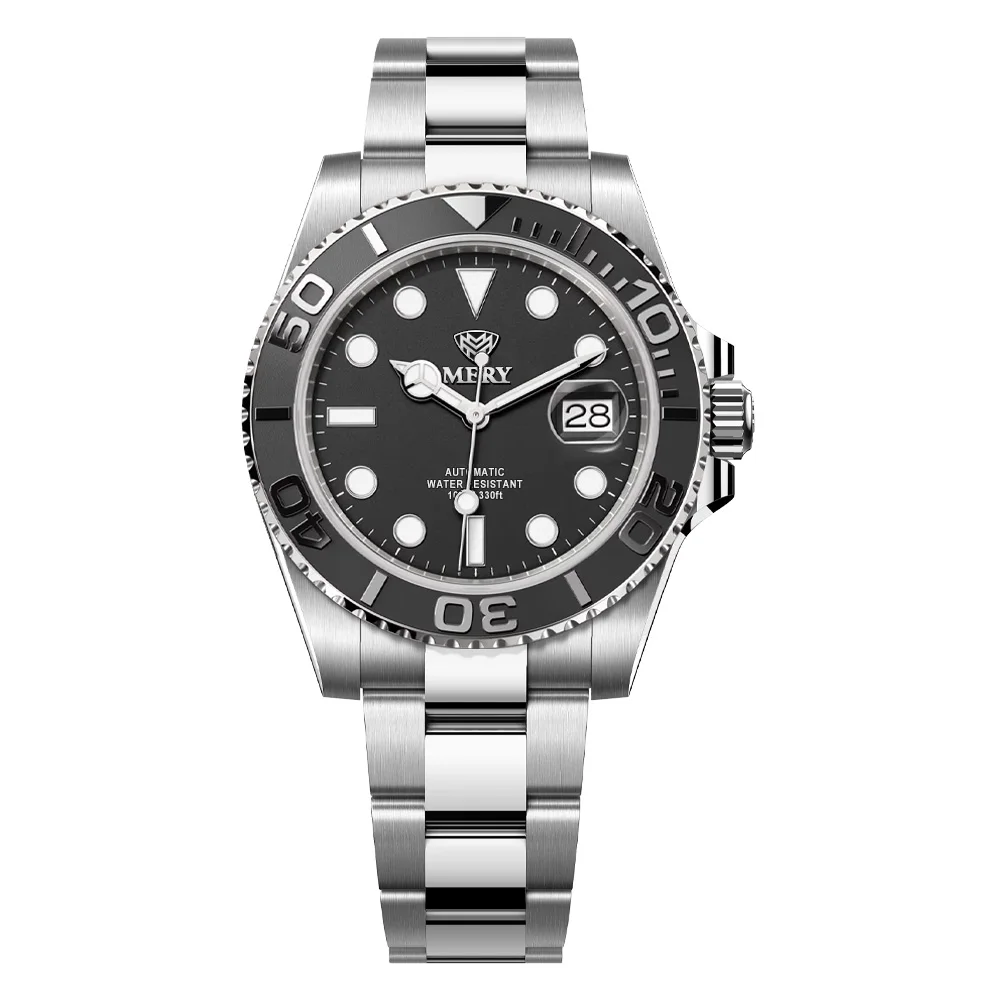 MERY Luxury Watches 41mm Diver Mens Watch NH35 Automatic Mechanical Watches Sapphire Glass Date Window 100m Waterproof Luminous