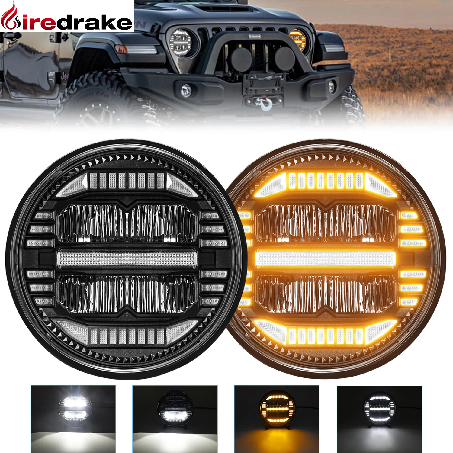 

7 Inch Led Wrangler Headlight H4 DRL Round Headlight 220W Dot Emark Headlamp for Jeep JK Haley Off-road Headlight 12V 24V