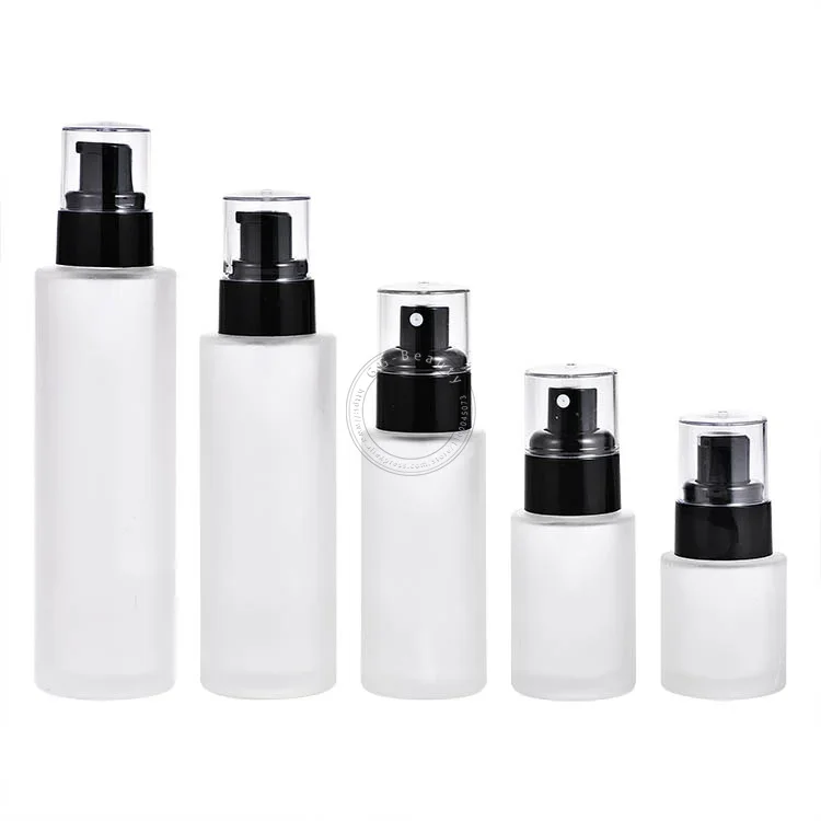 

Frosted Glass Lotion Spray Press Bottles with Clear Plastic Cap Empty Shampoo Alcohol Gel Dispenser Makeup Jar Vial with caps