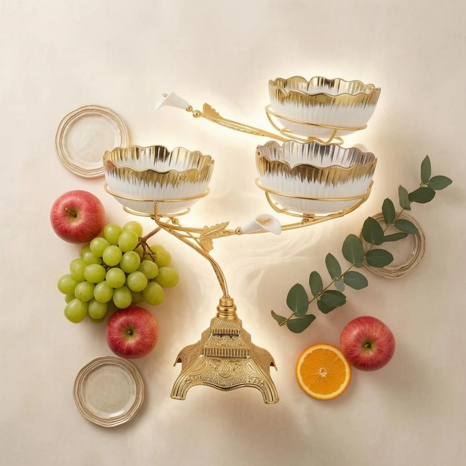 Three-Tier Fruit Tray Fluted Rim Gold Metal Fruit Stand Scalloped Bowl Tray White Exterior Table Accent Sturdy