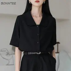 Black Shirts Women Summer Unisex Simple Chic Half Sleeve Basic Schoolgirls Tops All-match Straight Clothes Hot Sale Vintage Lady