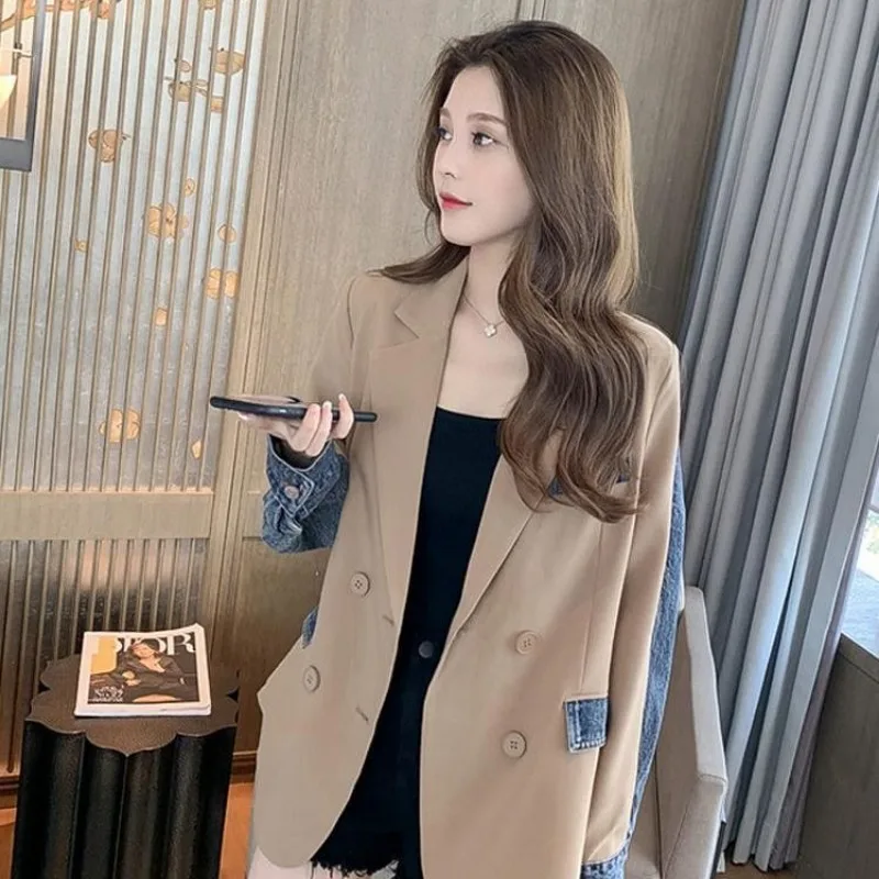 Chic Design Sense of Small Suit Jacket Female European Goods Burst Loose Casual Personality Fashion Suit Stitching Denim Blazers