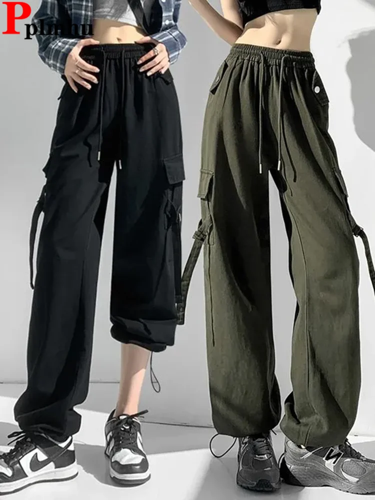 

Women Baggy Straight Cargo Pants Korean Fashion Elastic High Waist Straight Pantalones Solid Chic Versatile Jogger Calca 2024